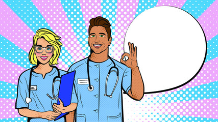 Doctors in pop art style. Vector background in comic style retro pop art. Illustration for print advertising and web.