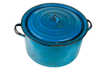 old large enameled blue pot with cover isolated on white background