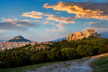 Famous greek tourist landmark - the iconic Parthenon Temple at the Acropolis of Athens as seen from...