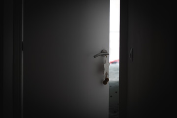Silver handle with decoration on a white door with light coming from the bedroom
