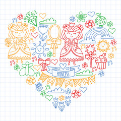 Vector pattern for little girls. Princess illustration for happy birthday party.