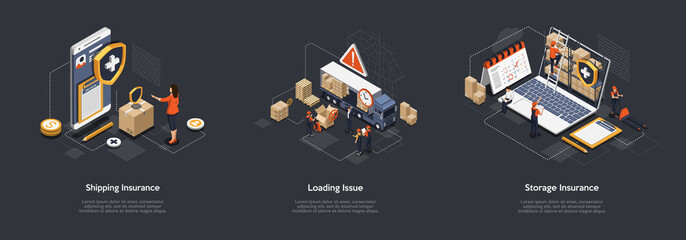 Isometric Shipping Insurance, Loading Issue, Storage Insurance. Workers Work In Warehouse, Storage Goods, Sort, Give Out Cargo Avoiding Of Insurance Event. Safe Storage Guarantee. Vector Illustration