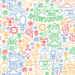 Vector pattern for little girls. Princess illustration for happy birthday party.