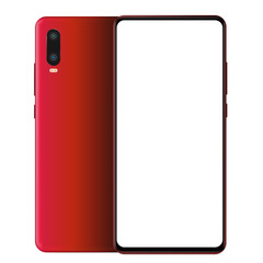Realistic red smartphone mockup front and back sides. Mobile phone blank screen, white screen. Device UI UX mockup for presentation template. 