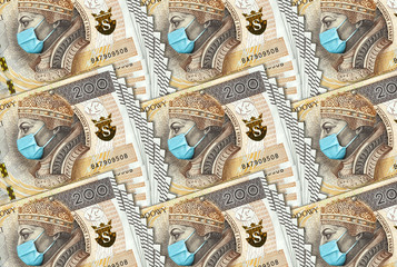 Coronavirus in Poland. Quarantine and global recession. 200 Polish zloty banknote with face mask against infection. Global economy hit by covid19.National Bank of Poland prints money to save bugdet