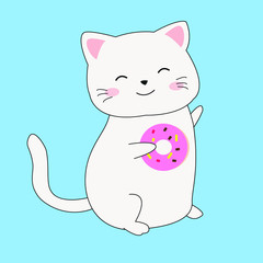 Cute Cartoon White Cat Holding Donut
