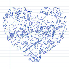 Spain vector pattern. Spanish traditional symbols and objects.