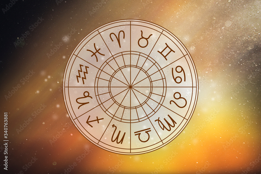 Wall mural astrological circle with the signs of the zodiac on a background of the starry sky. illustration for