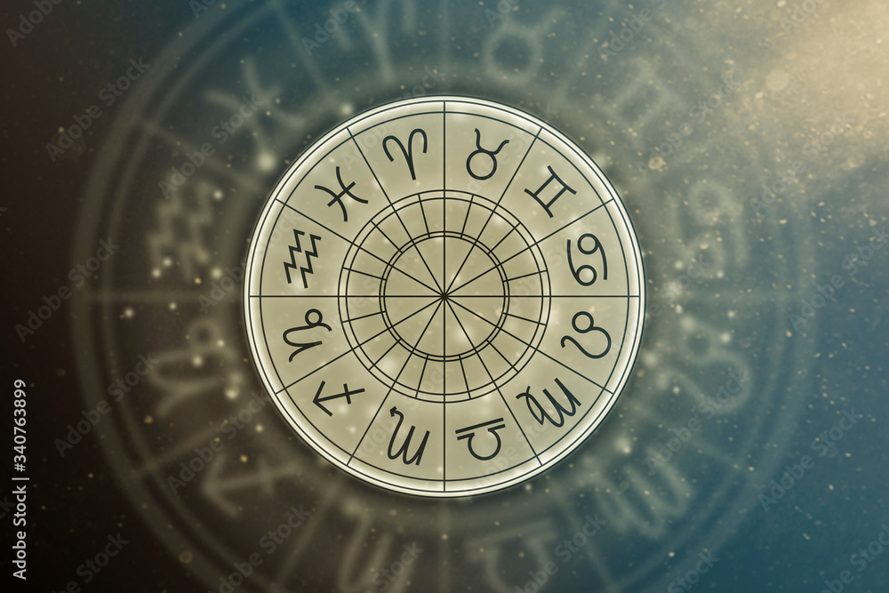 Wall mural astrological circle with the signs of the zodiac on a background of the starry sky. illustration for