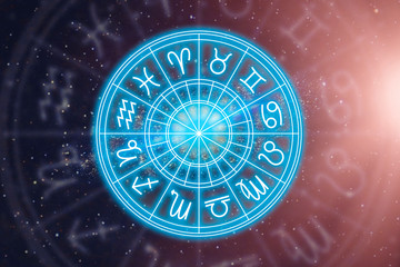 Astrological signs of the zodiac for the horoscope on the background of the starry sky. Illustration