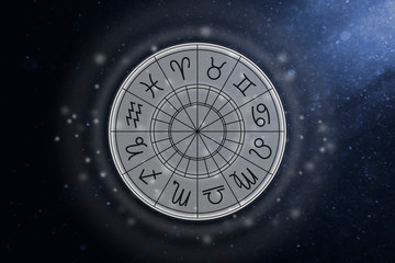 Astrological circle with the signs of the zodiac on a background of the starry sky. Illustration for horoscope