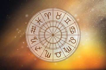 Fototapeta na wymiar Astrological circle with the signs of the zodiac on a background of the starry sky. Illustration for horoscope