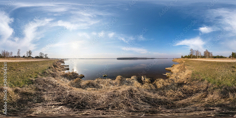 Wall mural full seamless spherical hdri panorama 360 degrees angle view on coast of huge river or lake in sprin