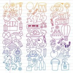 Vector pattern with children toys. Robot, rocket, horse, doll