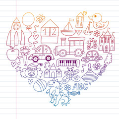 Vector pattern with children toys. Robot, rocket, horse, doll