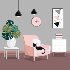 Vector design of living room with armchair, black cat, flowerpot and bedside table with books.