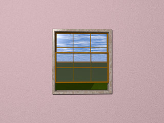 Open sash window from Light Pink wall viewing outside lawn with cloudy sky. sone frame and wooden window 3D render