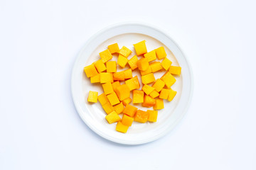 Tropical fruit, Mango cube slices on white