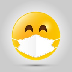 Emoji with white mouth mask. Yellow emoji icon on grey template. Vector illustration