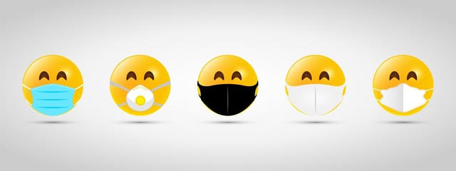 Set emoji with black and white mouth mask. Yellow emoji icon on grey template. Vector illustration