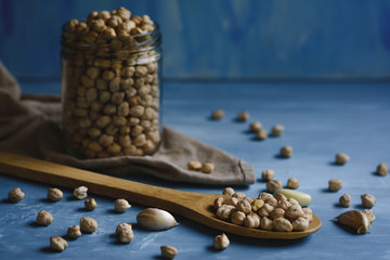 Raw chickpeas in a glass jar.