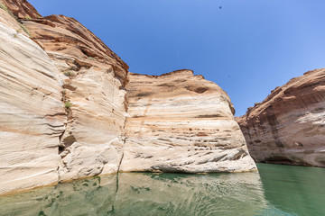 Lake Powell, Arizona. Narrow  cliff-lined canyon from a boat in Glen Canyon National Recreation Area
