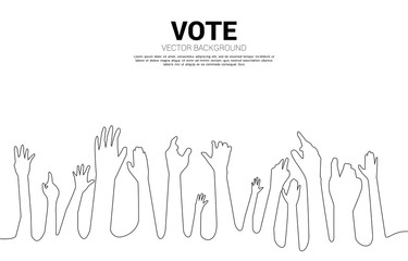 Obraz premium Group of hand in the air in one line. Hand up group. Concept for Event public vote and people right.