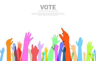Colorful Group of hand in the air . Hand up group. Concept for Event public vote and people right.