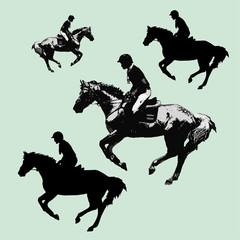  set, athlete rider galloping on a horse, black and photo silhouettes on a  colored background

