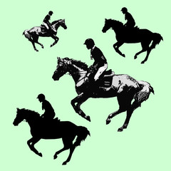 rider on a horse galloping at a reduced gallop, black isolated silhouette on a white background	
