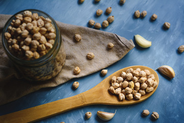 Raw chickpeas in a glass jar.