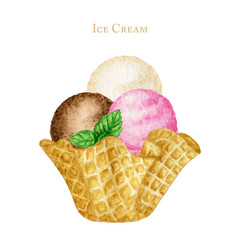 Ice-cream scoops decorated with mint leaf in waffle cone tasty. Watercolor illustration isolated on white background. Vanilla, Chocolate and Pink raspberry ice cream balls.