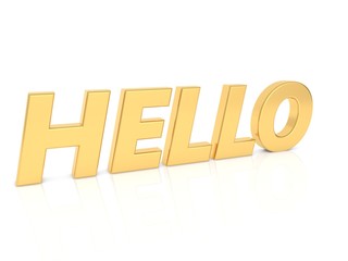 Hello - inscription in gold letters on a white background. 3d render illustration.