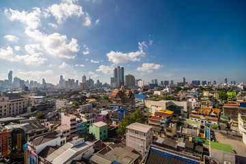 Bangkok, Thailand - February 2020: Above view from rooftop on China town in the middle of city Bangkok, Thailand