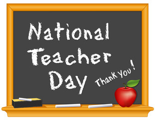 National Teacher Day, Thank You!  Annual holiday Tuesday of first full week of May. Chalk text on blackboard, eraser, red apple for the teacher. 