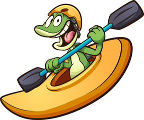 Happy cartoon iguana riding a kayak. Vector clip art illustration with simple gradients. All in a single layer.
