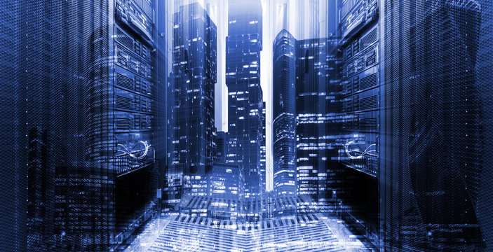 concept of the modern digital world, business buildings of the night metropolis against the background of data center servers. Double exposure - Powered by Adobe