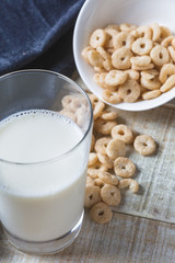 cereal rings with a glass of milk