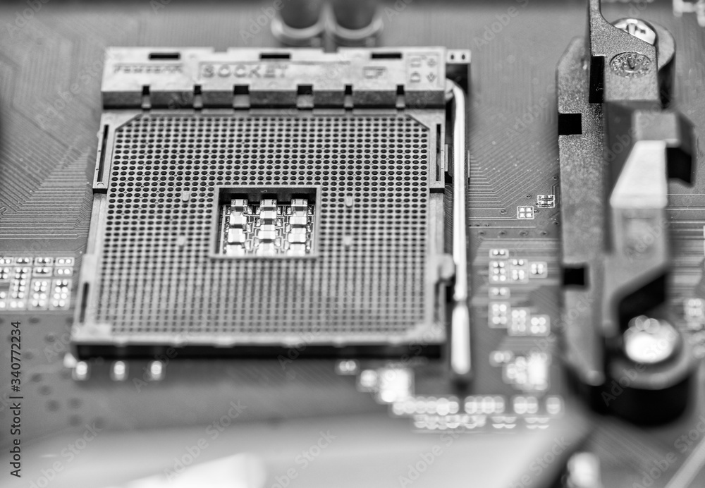 Aufkleber cpu socket on a personal computer motherboard. computer maintenance upgrading installing assembling 