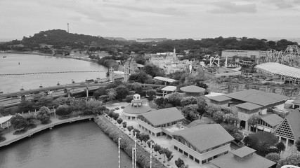 Black and white aerial view of Sentosa Island and resorts, Singapore