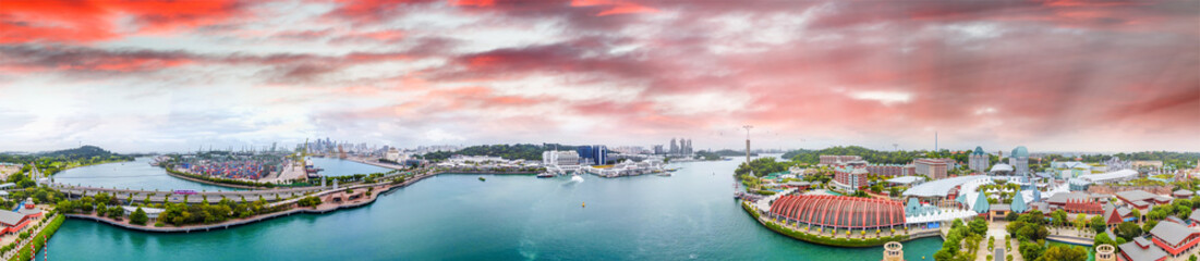 Obraz premium Sentosa Island resorts, aerial view from drone at sunset