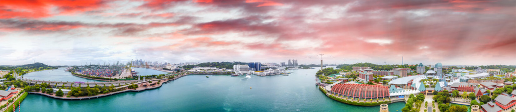 Sentosa Island Resorts, Aerial View From Drone At Sunset