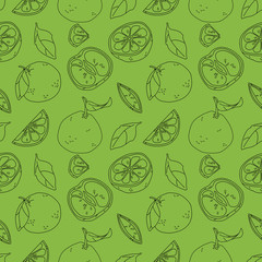 Black line grapefruit on green backdrop. Outline fruits seamless pattern for wrap paper, sleeper, bath tile, apparel or bed linen. Phone case or cloth print. Minimal style stock vector illustration