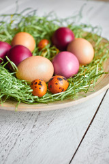 Easter colored eggs in a plate on a light wooden background