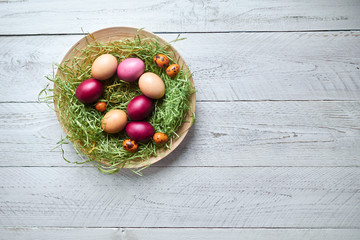 Easter colored eggs in a plate on a light wooden background