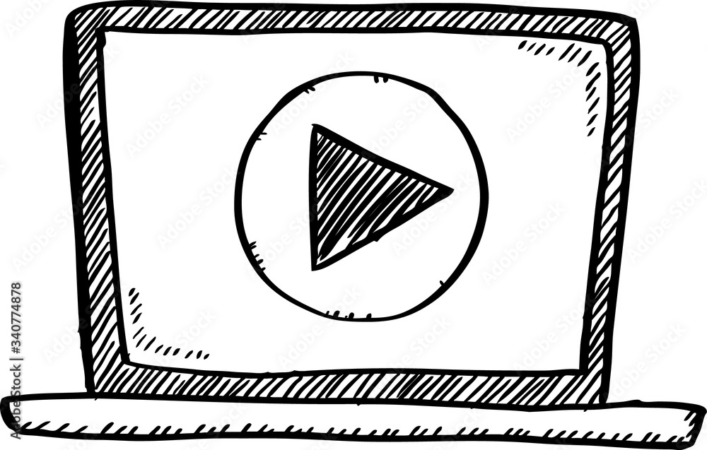 Poster cartoon style doodle of notebook with play button on screen