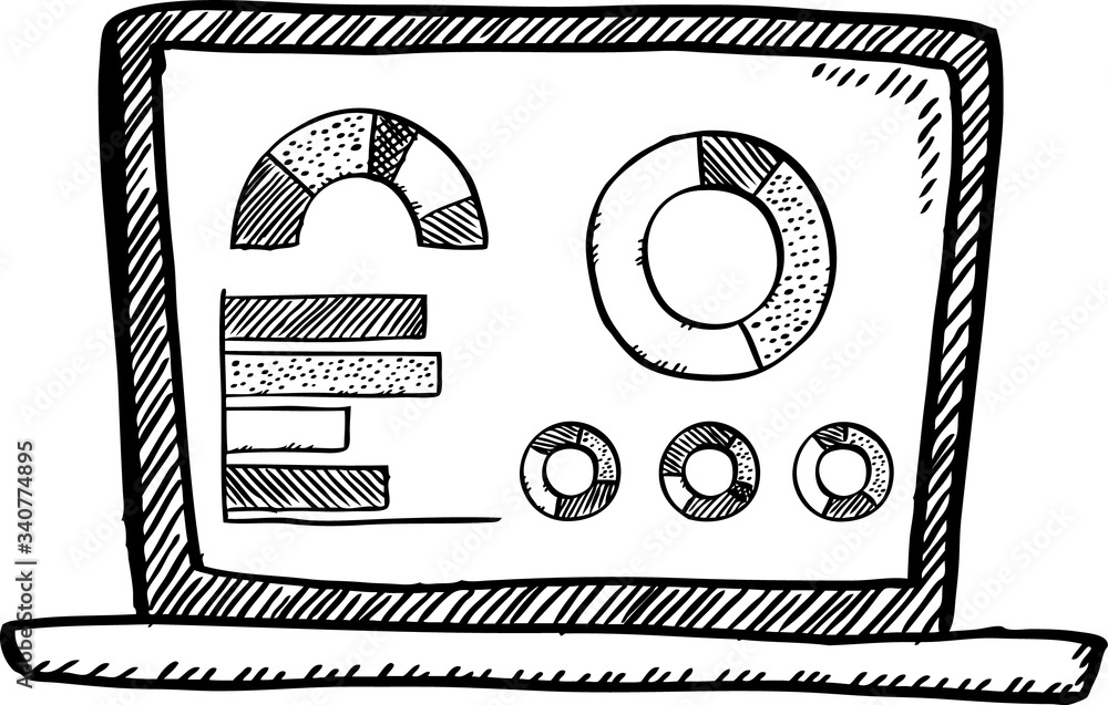 Poster cartoon style doodle of notebook with data charts on screen