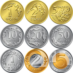 vector set of reverse Polish Money zloty and grosz gold and silver coins with Value and eagle in a crown