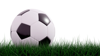 Classic soccer ball on the green field with a white background. 3d rendering.