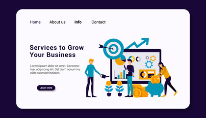 Obraz na płótnie Canvas services to grow your business landing page template with business human group concept, flat design. vector illustration